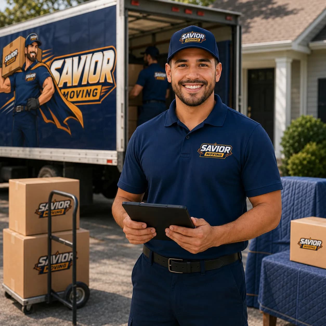 Mover carrying a box in a home