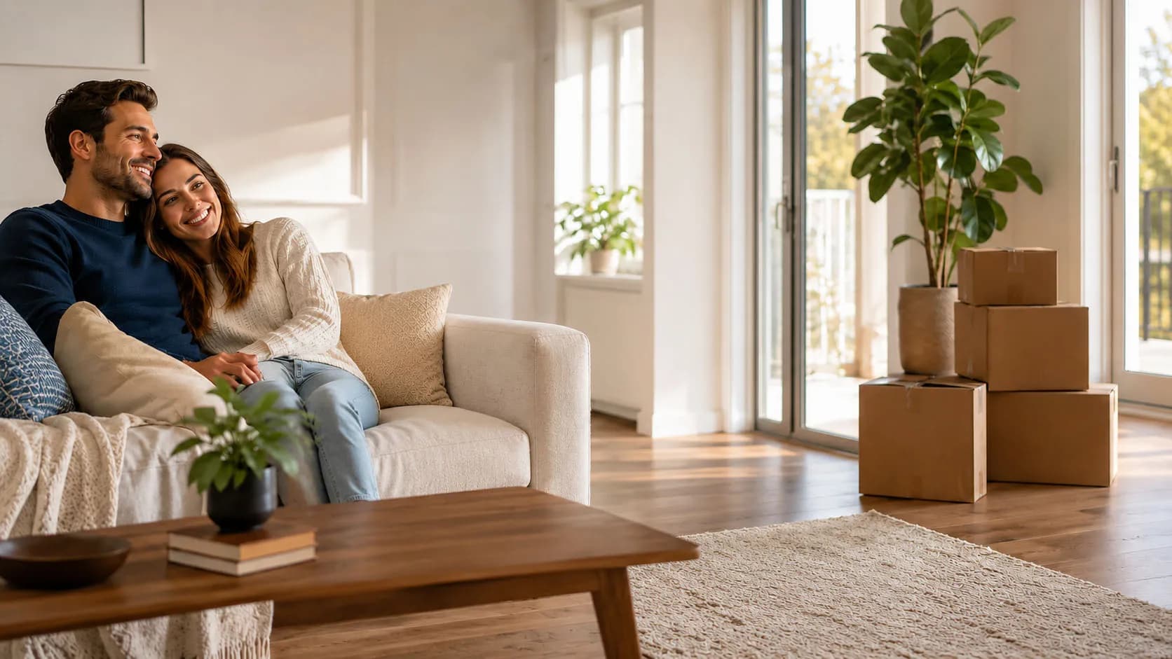 Couple sitting on a couch in their new home