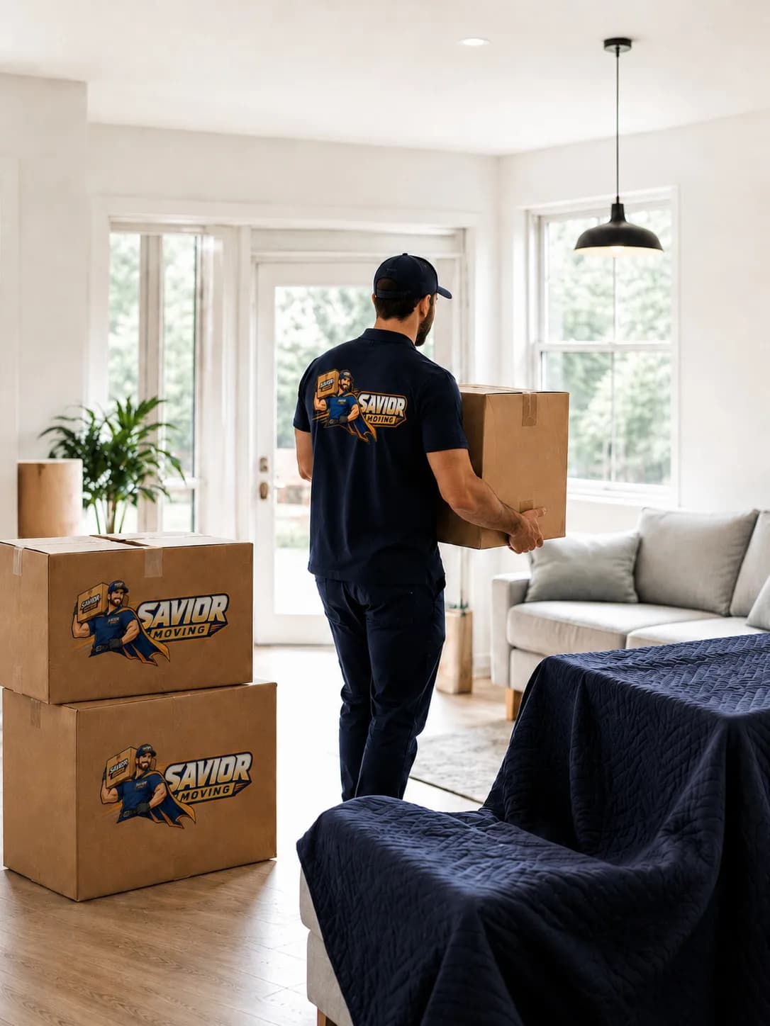 Movers carrying boxes into a home